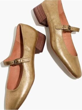 Madewell Metallic Gold Mary Jane Flats with Low Block Heel